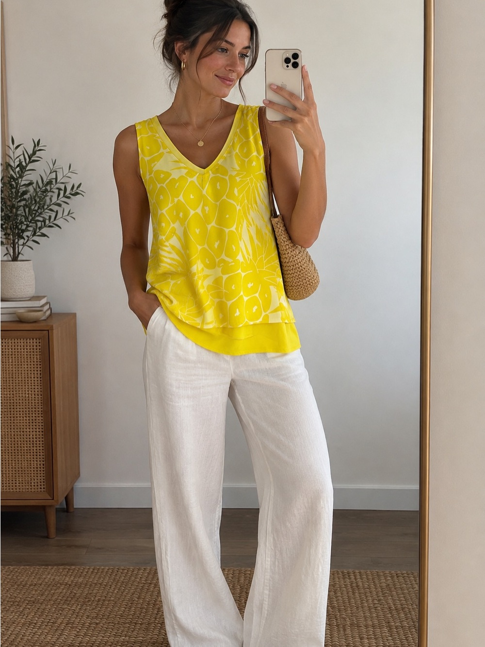 Worthington Yellow Floral V-Neck Sleeveless Top